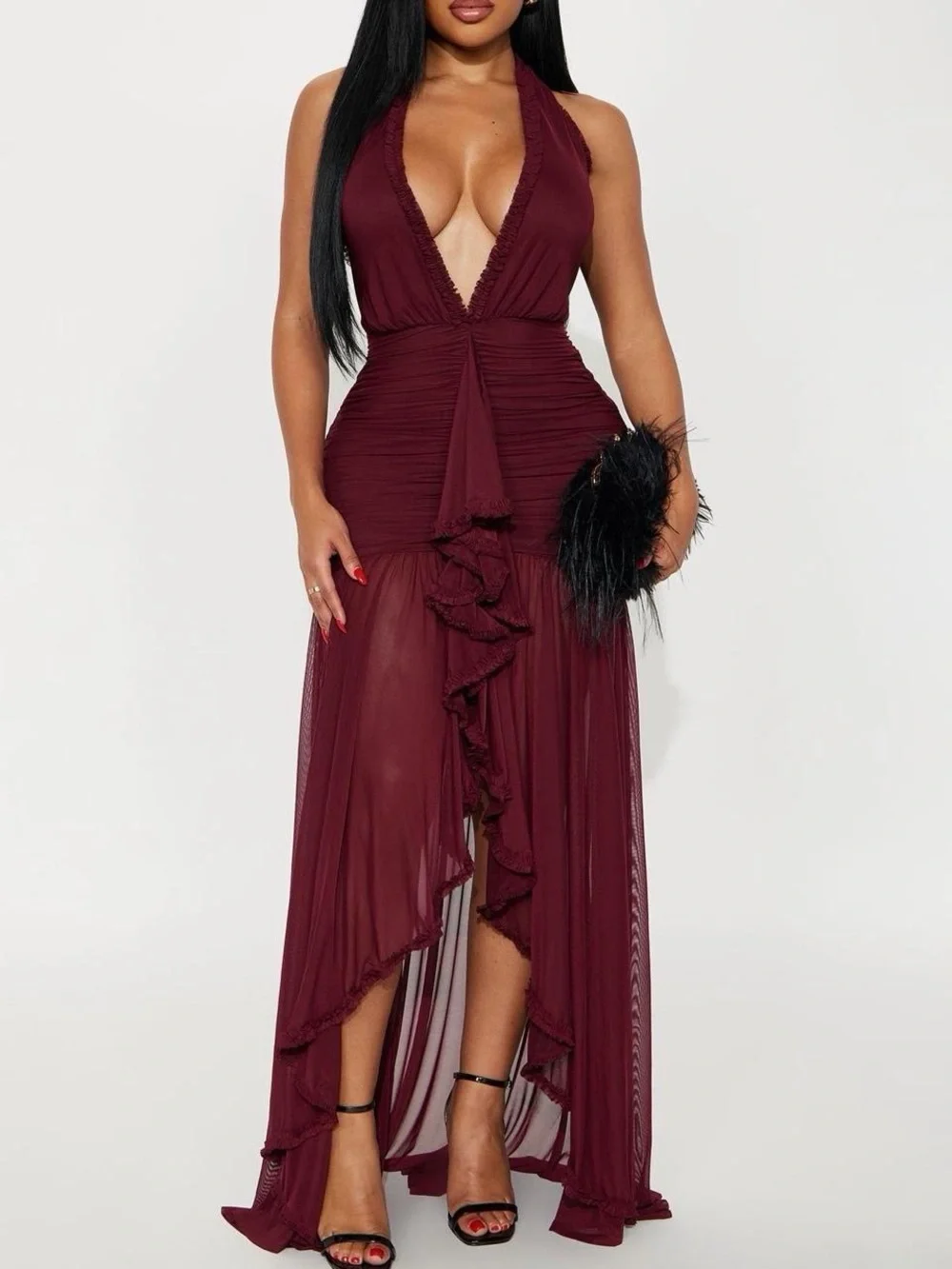 Fashion Nova Burgundy Halter Ruffle High-Low Mesh Maxi Dress
